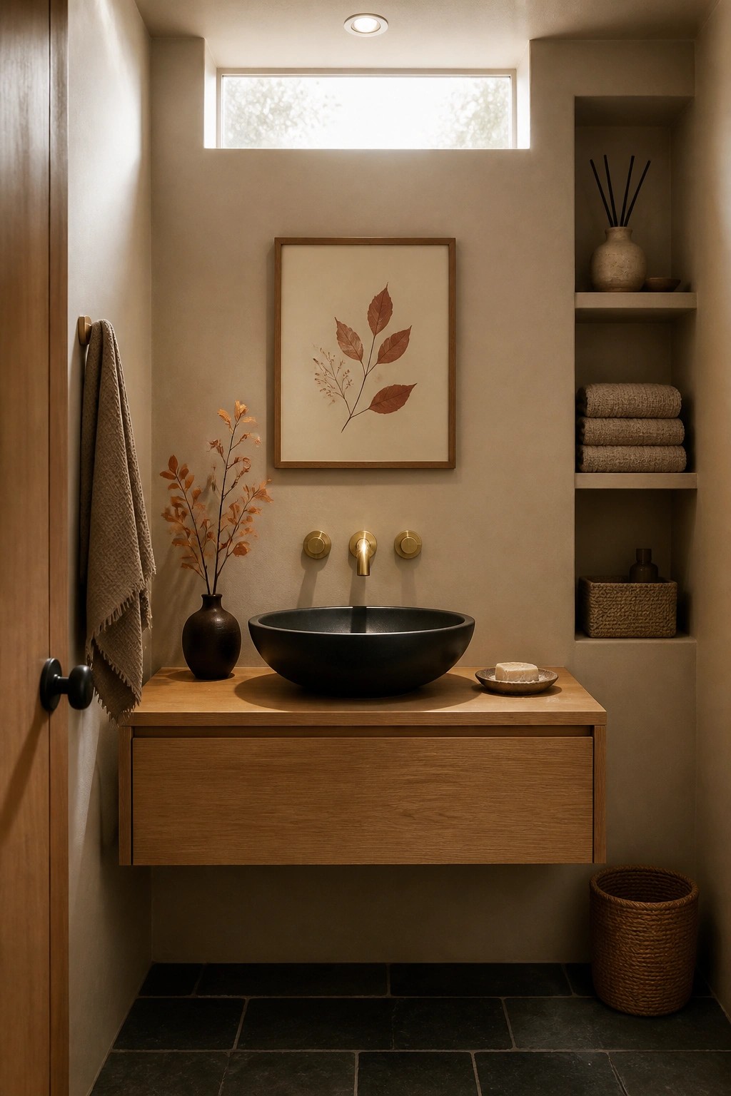 A bathroom with a floating wooden vanity, black vessel sink, brass faucet, and recessed shelving holding folded towels and a vase.