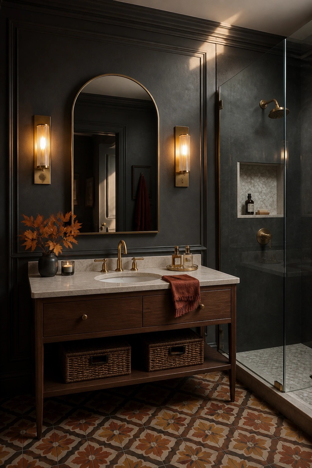 A bathroom with dark paneled walls, an arched mirror above a wooden vanity with marble top, brass sconces, and a glass shower to the right.