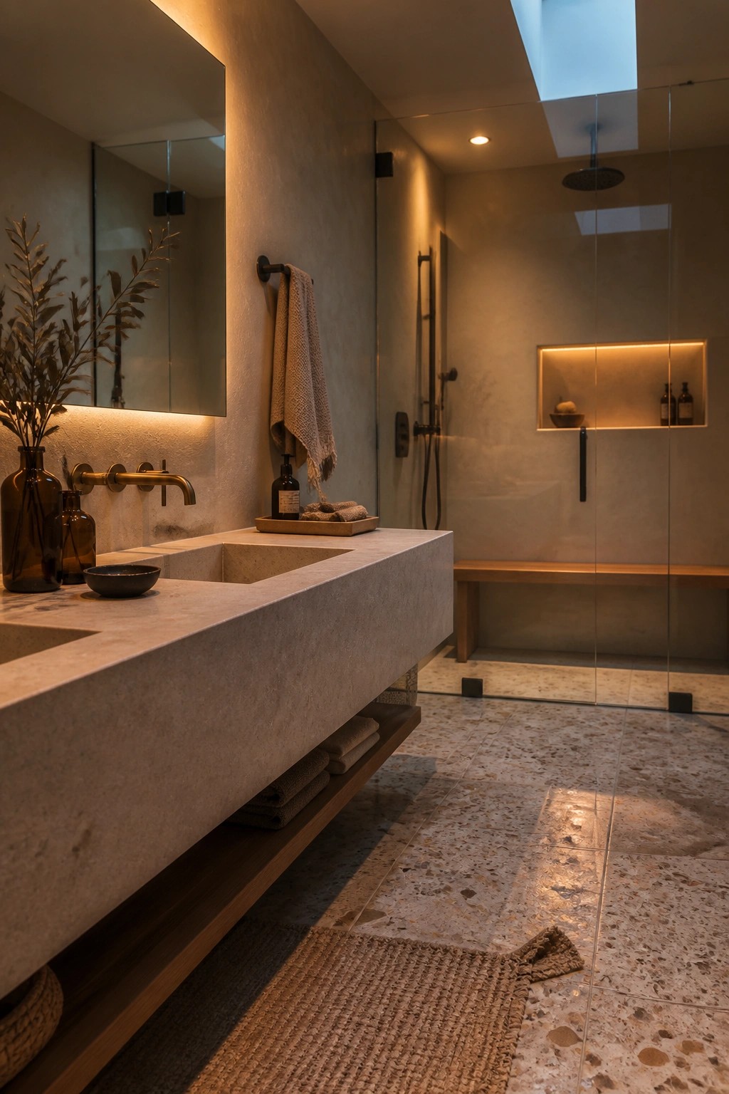 A bathroom interior with a long floating concrete vanity, integrated sinks, warm backlighting on the mirror, and a glass shower enclosure with a recessed lit niche.