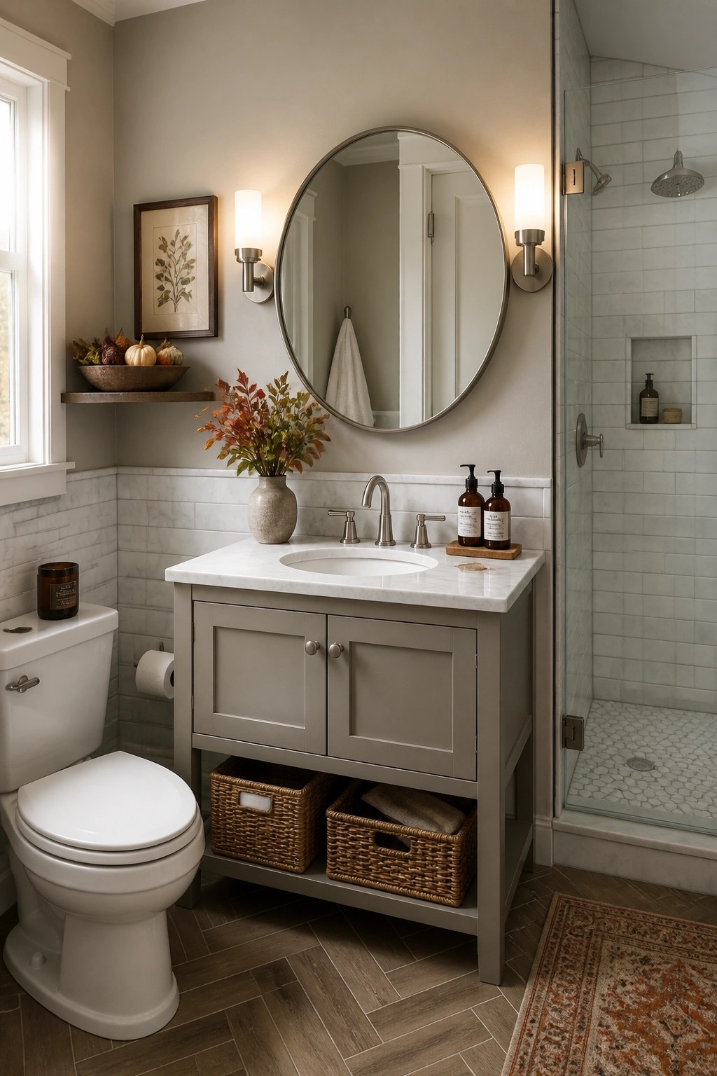 A bathroom vanity with gray cabinet doors, white marble top, round mirror, and two woven baskets stored on the open lower shelf, positioned between a white toilet and a glass shower enclosure.