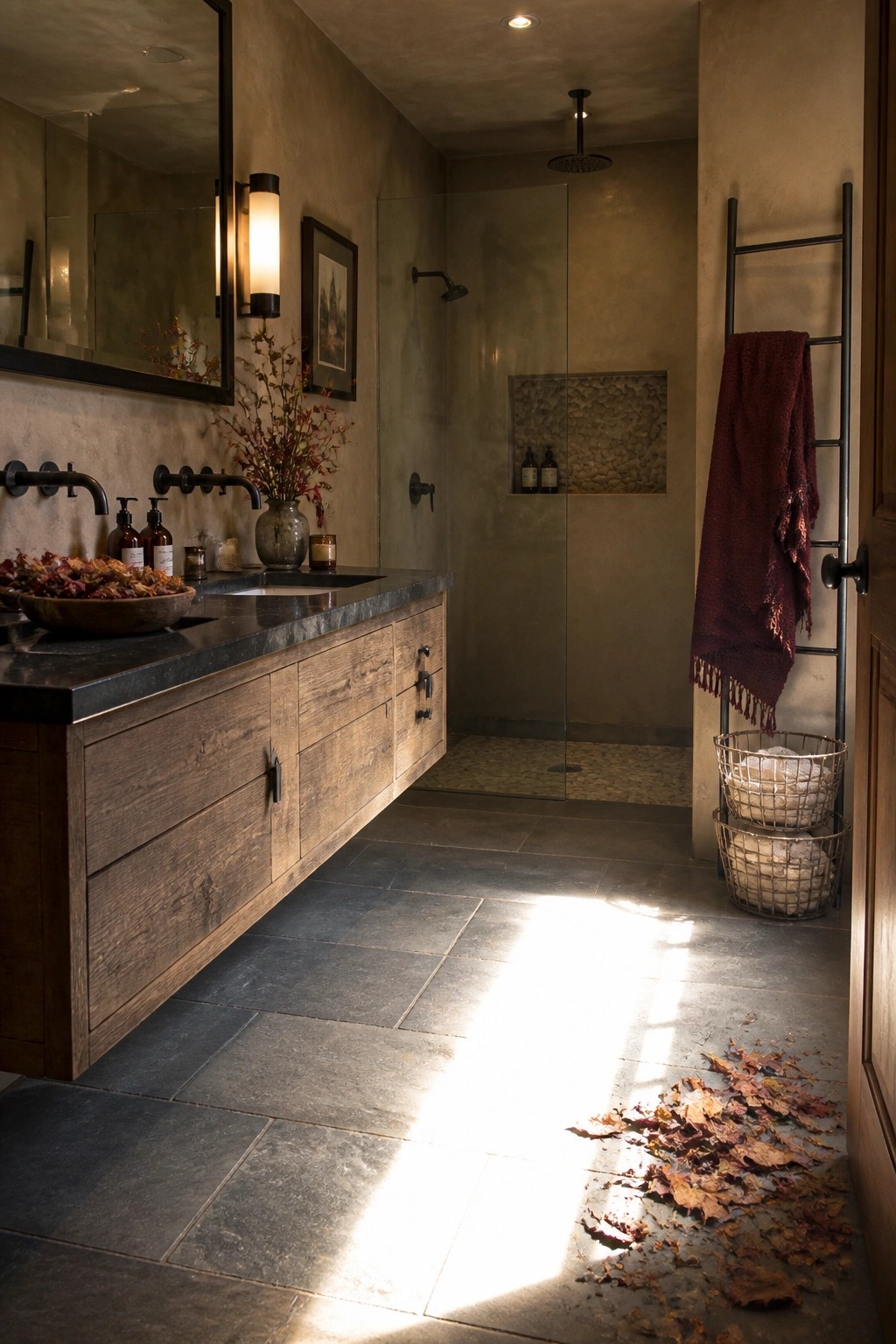 A bathroom interior featuring a long floating wood vanity with a dark stone countertop, a glass-enclosed shower, and autumn leaves on the floor.