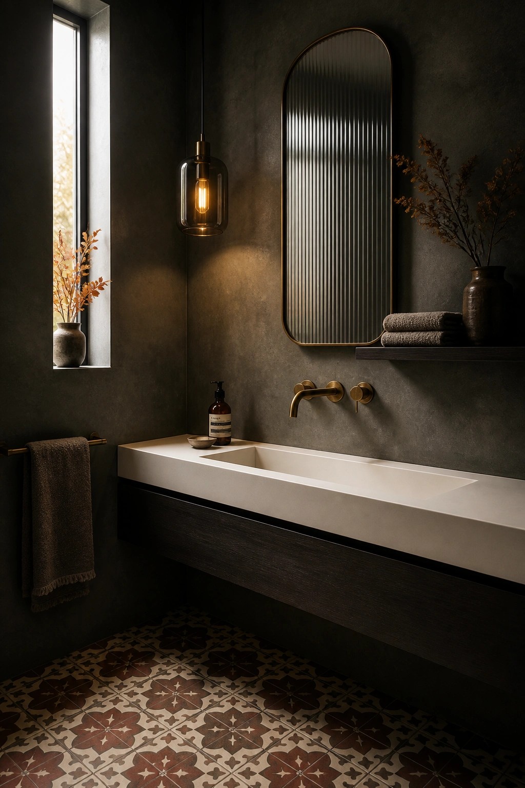 A bathroom with a long white floating vanity on a dark wood base, brass wall-mounted faucet, ribbed mirror, pendant light, and patterned tile floor.
