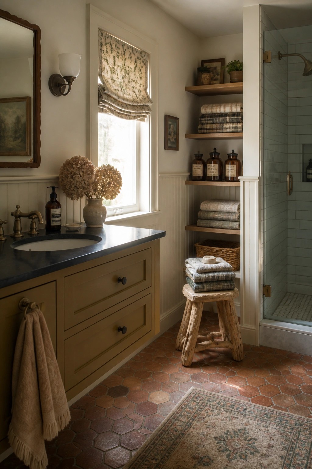 A bathroom interior featuring a wooden vanity with dark countertop, terracotta hex tile floor, open wooden shelves holding folded towels and apothecary jars, a small window with patterned shade, and a glass shower enclosure.