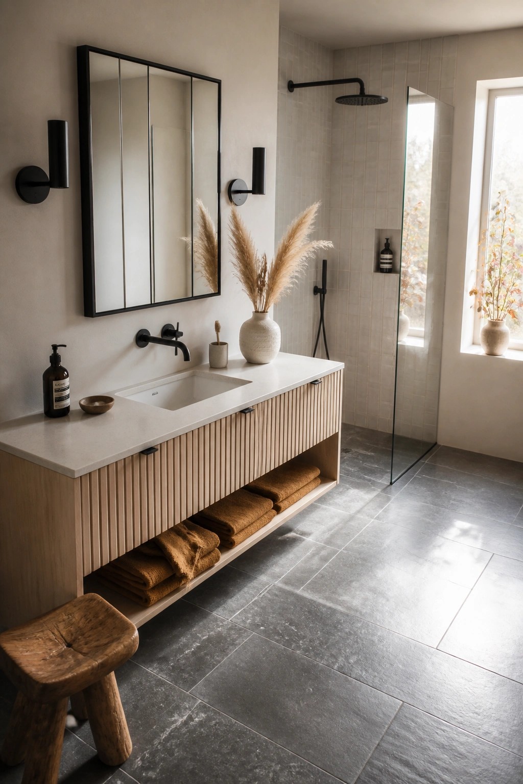 Modern bathroom with light wood vanity, black fixtures, pampas grass, and brown towels.
