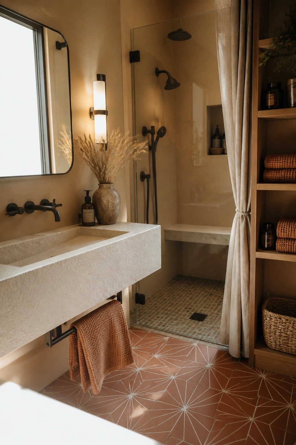 A bathroom with a floating concrete sink, black fixtures, a glass shower, terracotta floor tiles in a white geometric pattern, and wooden open shelving.