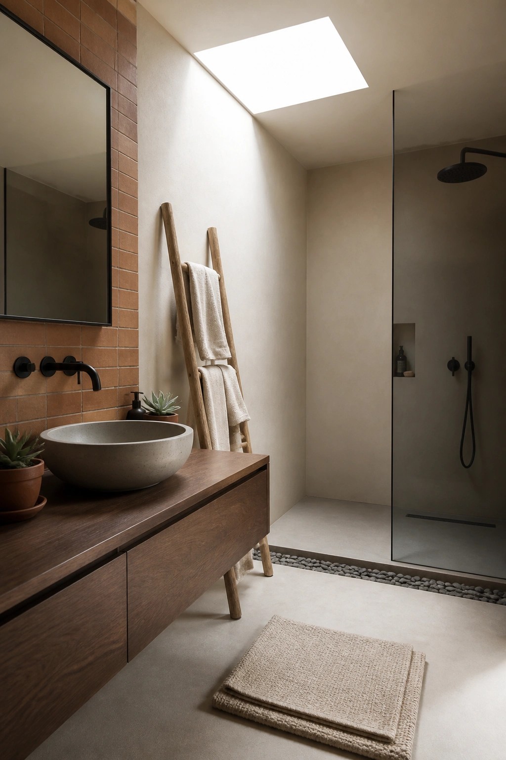 A bathroom with a floating wood vanity holding a concrete vessel sink, terracotta tiled accent wall with black framed mirror, wooden towel ladder, and glass enclosed shower with skylight above.