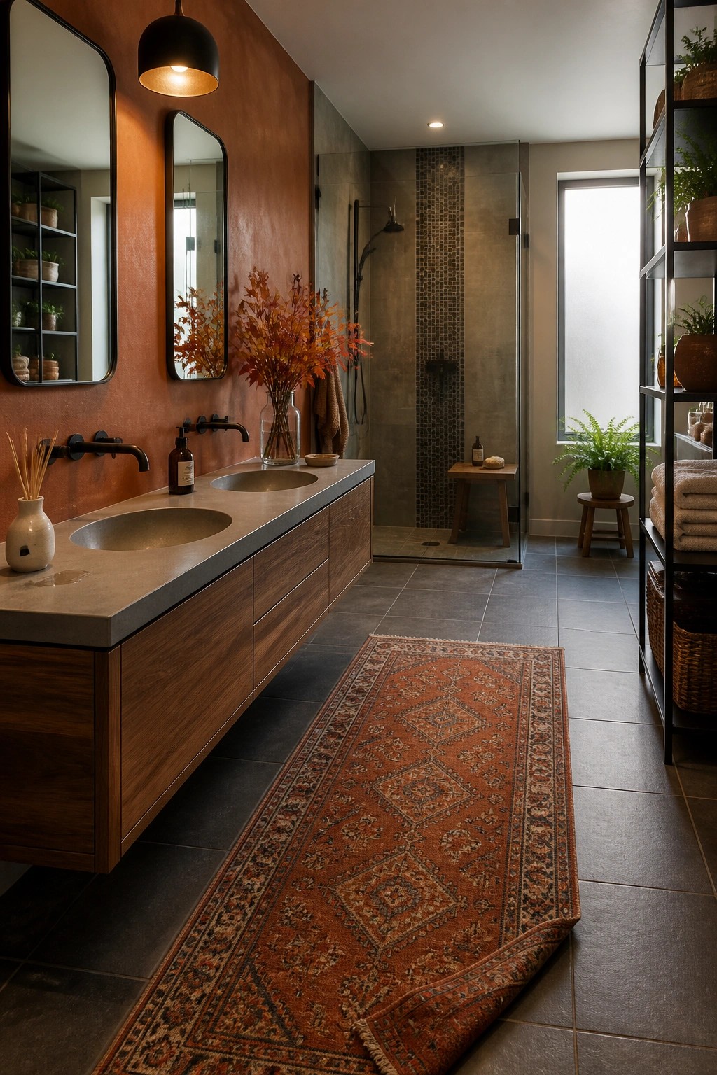 A modern bathroom featuring a long wooden vanity with two sinks on a concrete countertop, terracotta walls, black-framed mirrors, and a large patterned orange runner rug on gray tile flooring.