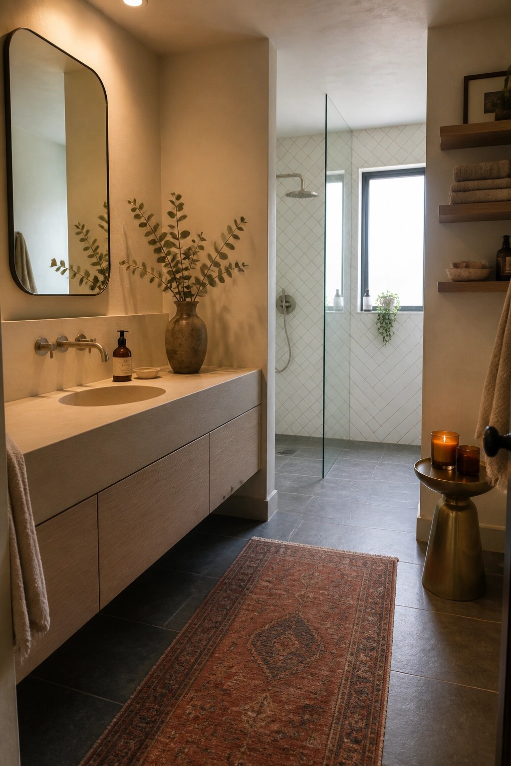 A modern bathroom with a long floating concrete vanity, large mirror, wood cabinet fronts, glass shower, dark floor tiles, and a red patterned rug.