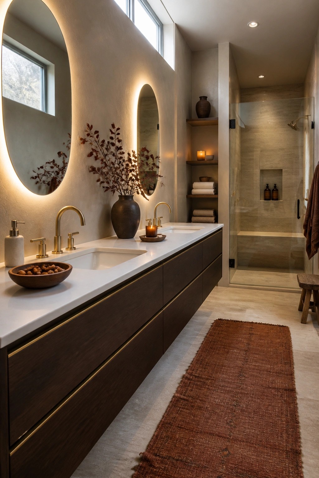 A modern bathroom featuring a long dark wood vanity with white countertop, two backlit oval mirrors, dried branches in a vase, and a rust-colored woven runner on the light tile floor.