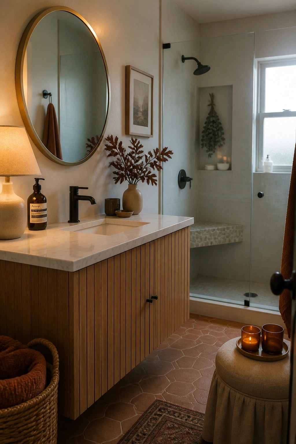 Modern bathroom with wood vanity, round gold mirror, terracotta tiles, and glass shower.