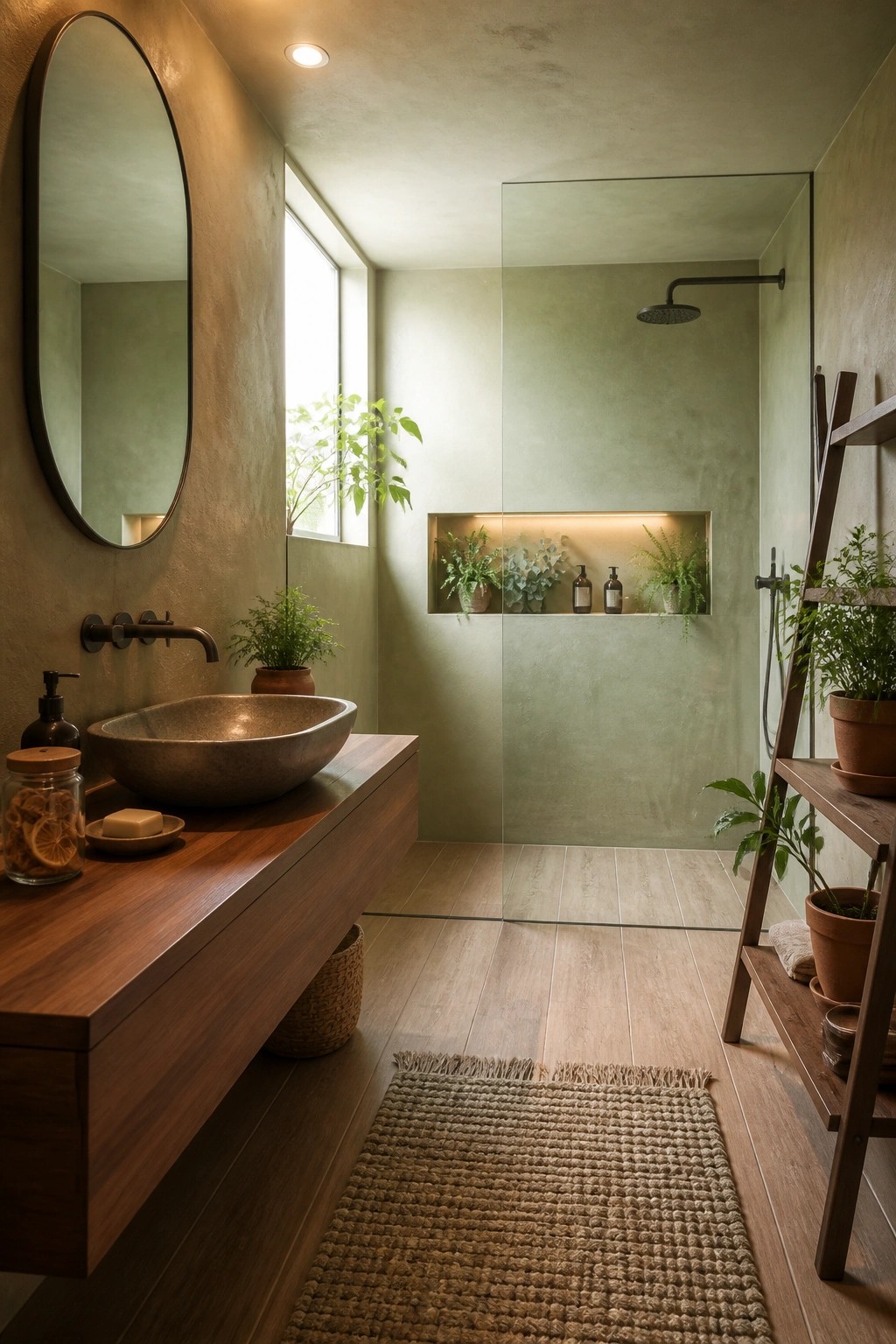 A bathroom interior with a wooden floating vanity, stone vessel sink, round mirror on a green wall, and a glass-enclosed shower area with plants.
