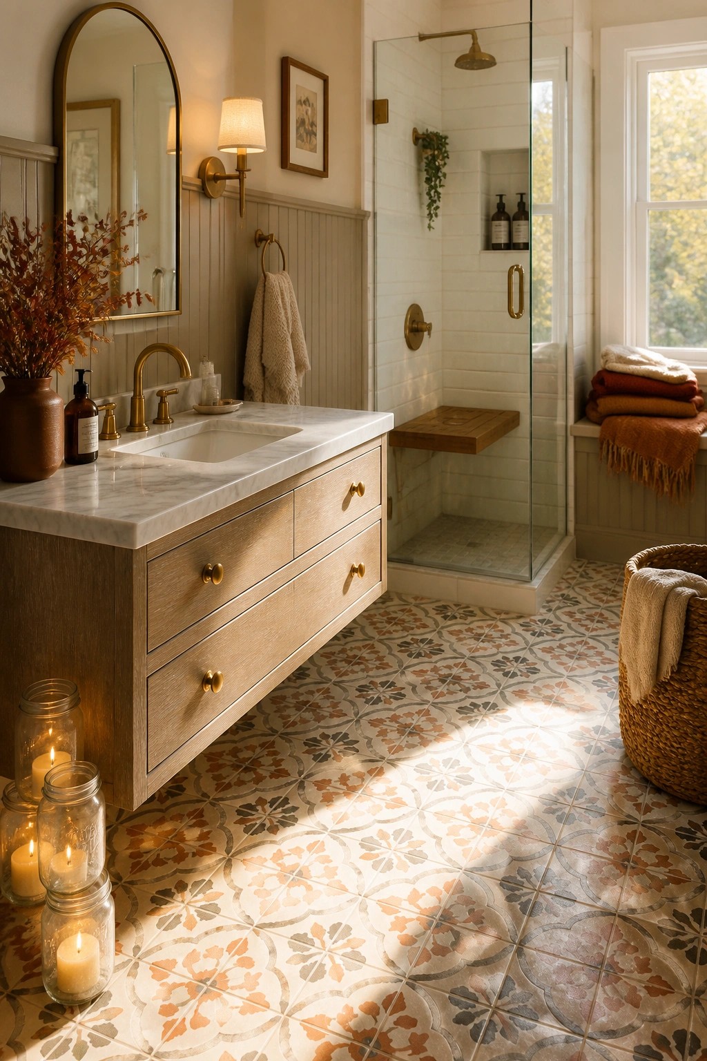 A bathroom with a wooden vanity topped in white marble, patterned tile flooring, a glass shower with a wooden bench, and autumn-colored towels.