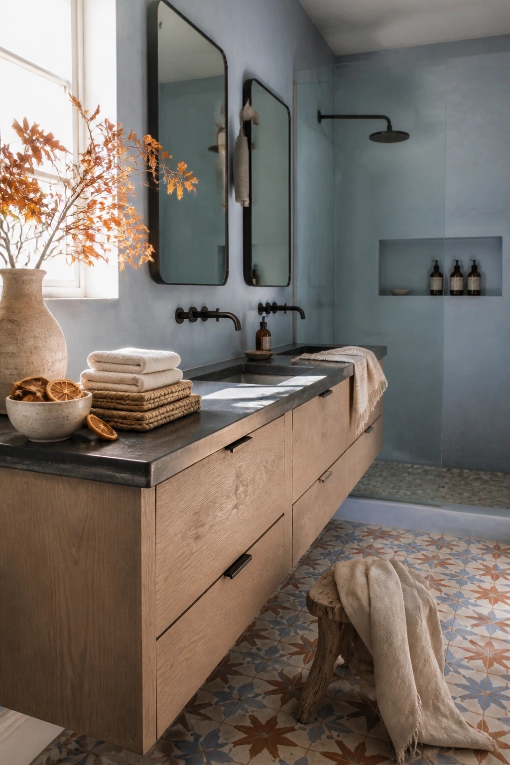 A bathroom interior showing a long floating wood vanity with a dark stone countertop, two sinks, black fixtures, blue walls, and a patterned tile floor next to a glass shower enclosure.