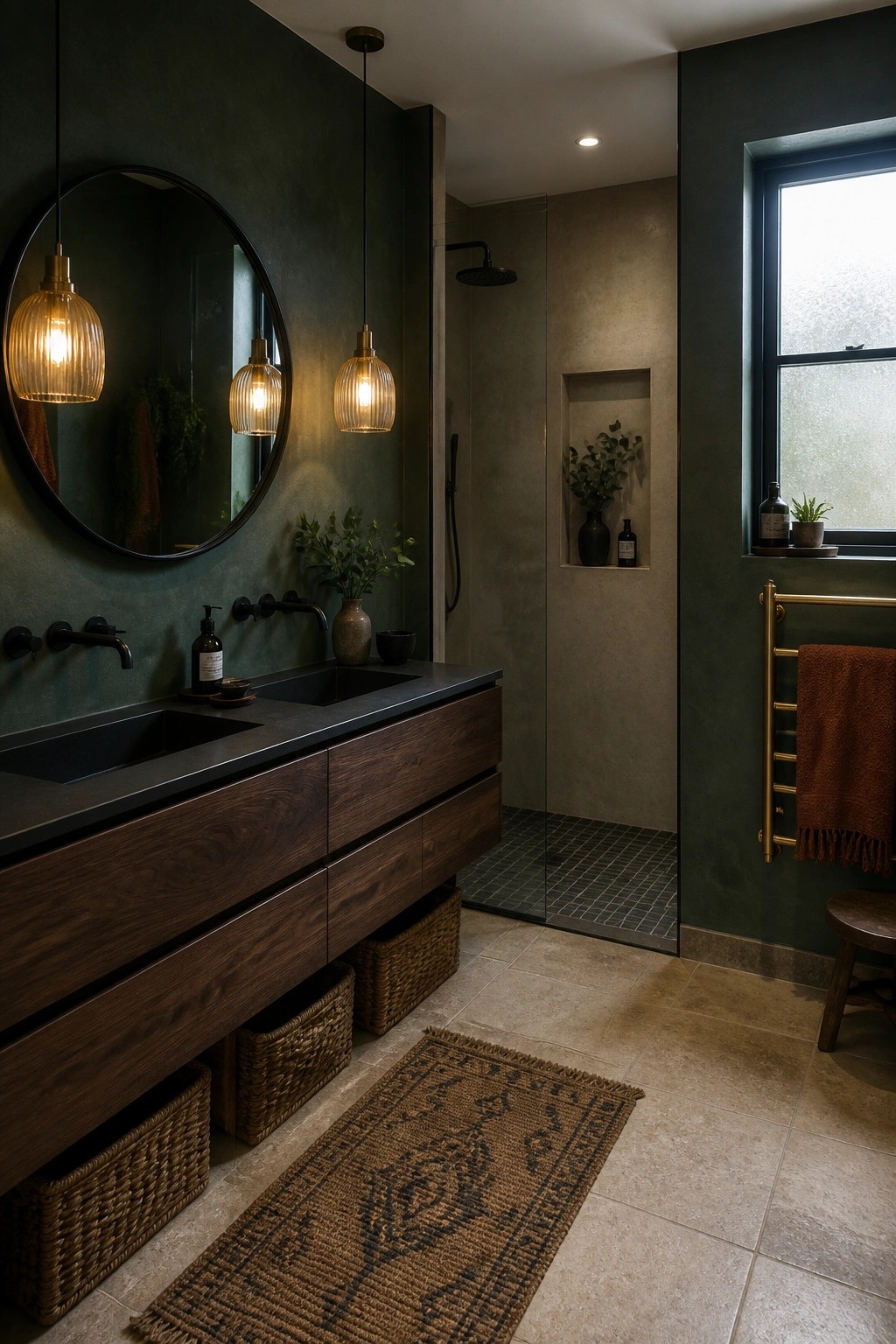 A bathroom with a dark wood floating vanity, black countertop sinks, woven baskets stored below, dark green walls, round mirror, and pendant lights.