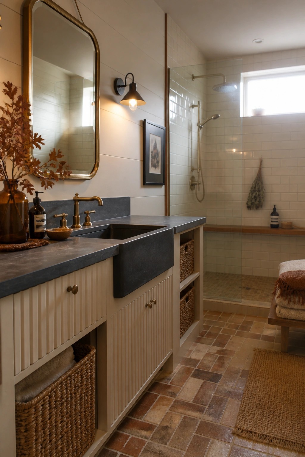 A bathroom interior showing a vanity with dark countertop, brass fixtures, white cabinets, and multiple woven baskets stored in open lower shelves beside a glass shower enclosure.
