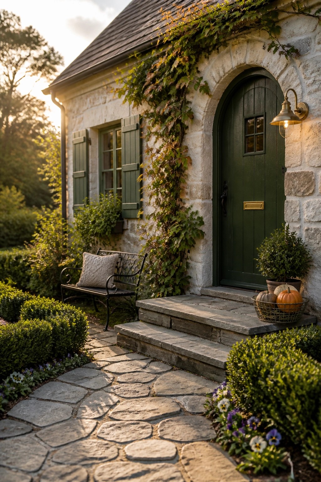 A stone cottage exterior with a dark green arched door, stone steps, a basket of pumpkins, and a winding stone path lined with shrubs.