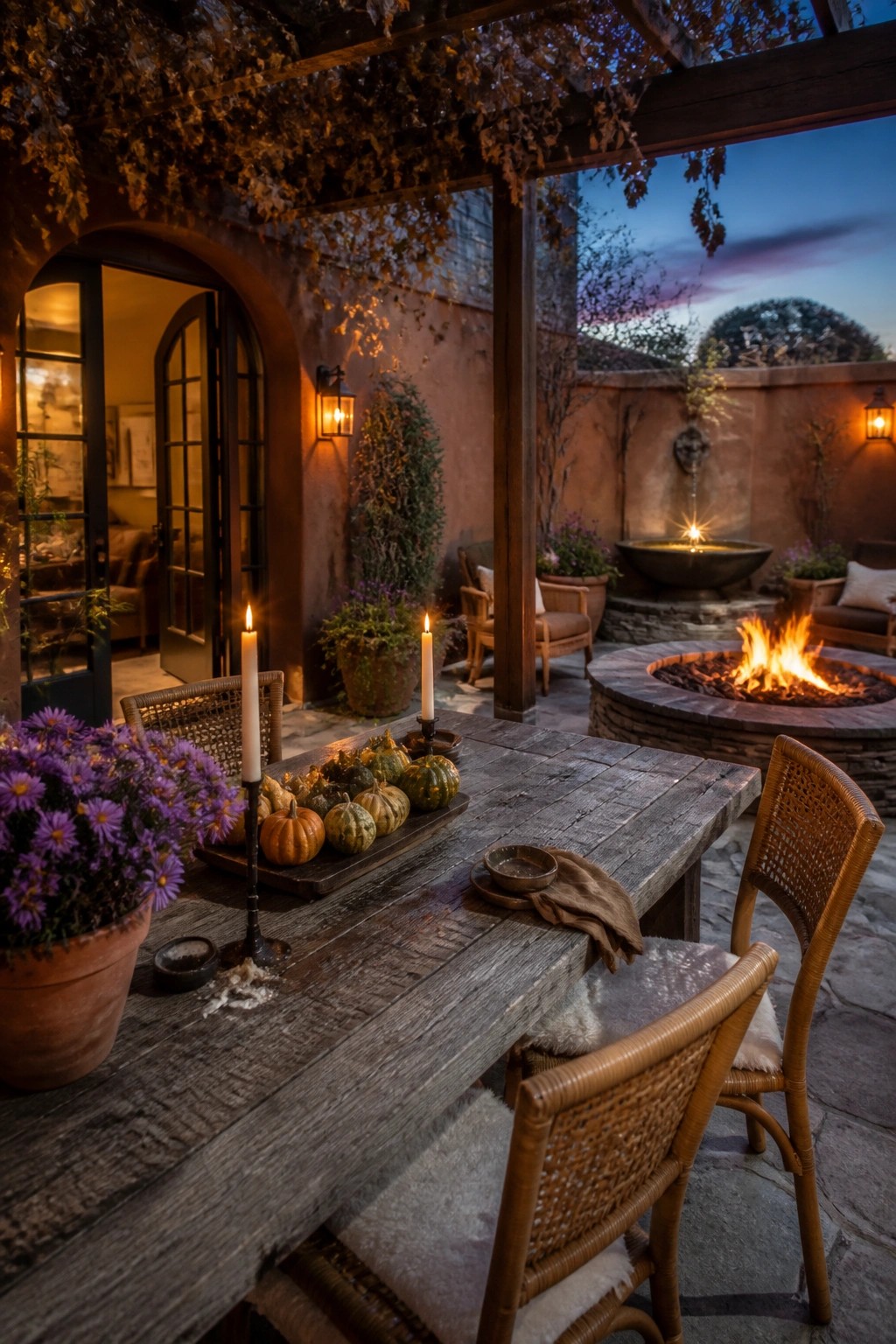 A wooden outdoor dining table with small pumpkins and lit candles sits on a stone patio beside a round stone fire pit, with a fountain visible in the background at dusk.