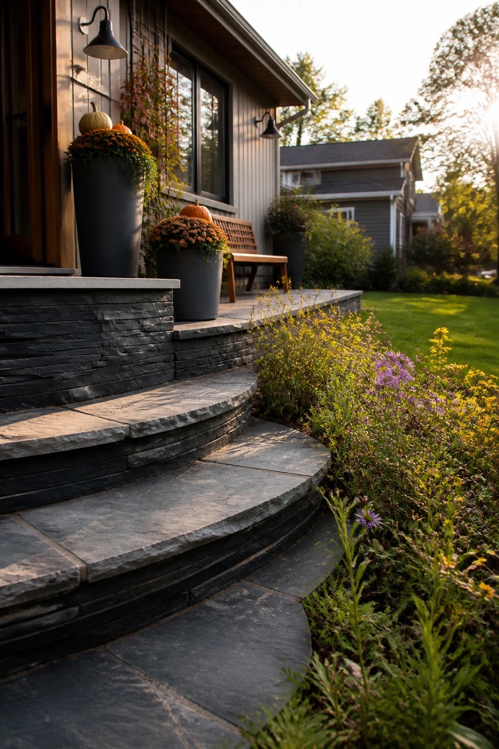 Stone steps lead up to a house entrance lined with large dark planters holding orange chrysanthemums and pumpkins, with more autumn plants along the side of the lawn.