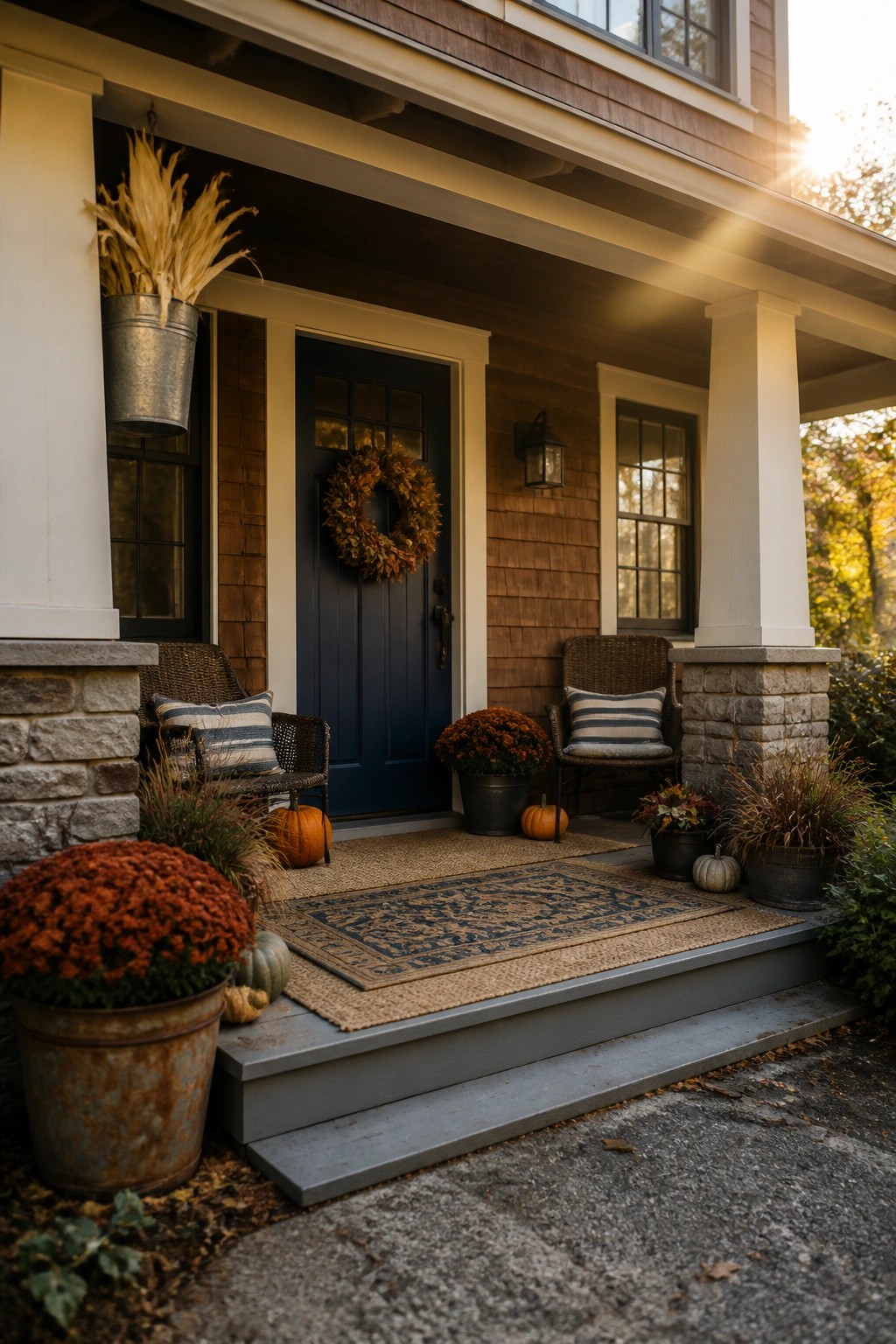 A front porch of a house with a navy door, autumn wreath, wicker chairs, and several pots of orange chrysanthemums and small pumpkins arranged on the steps and landing.