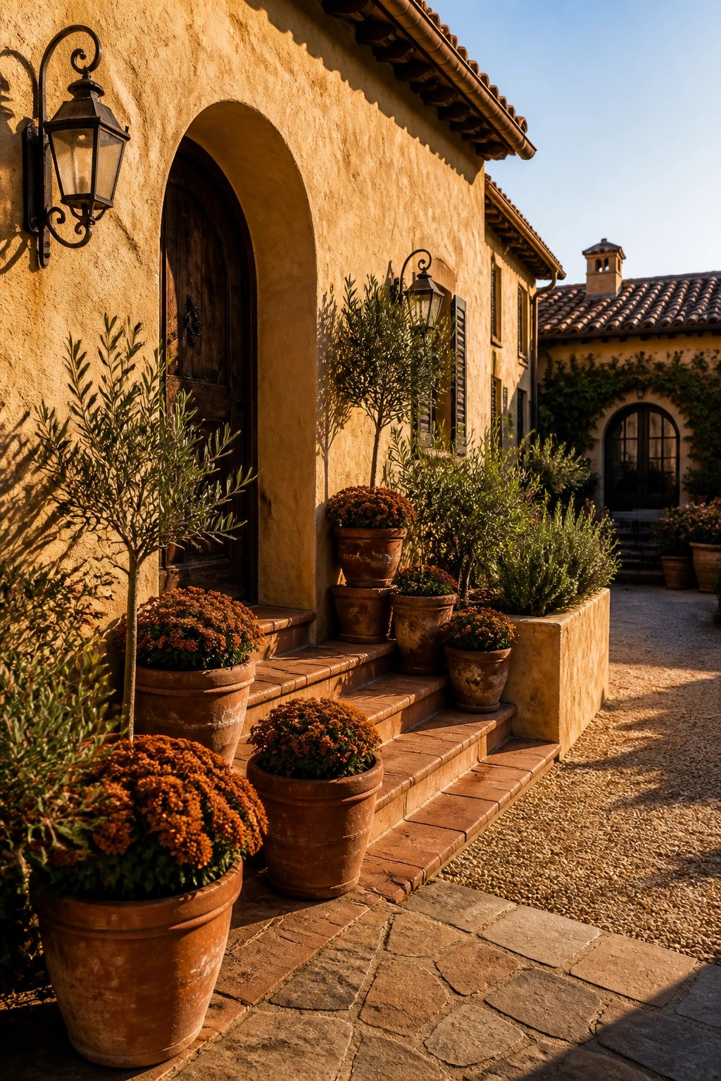 Sunlit stucco villa entrance with arched door, terracotta pots of orange flowers on brick steps.