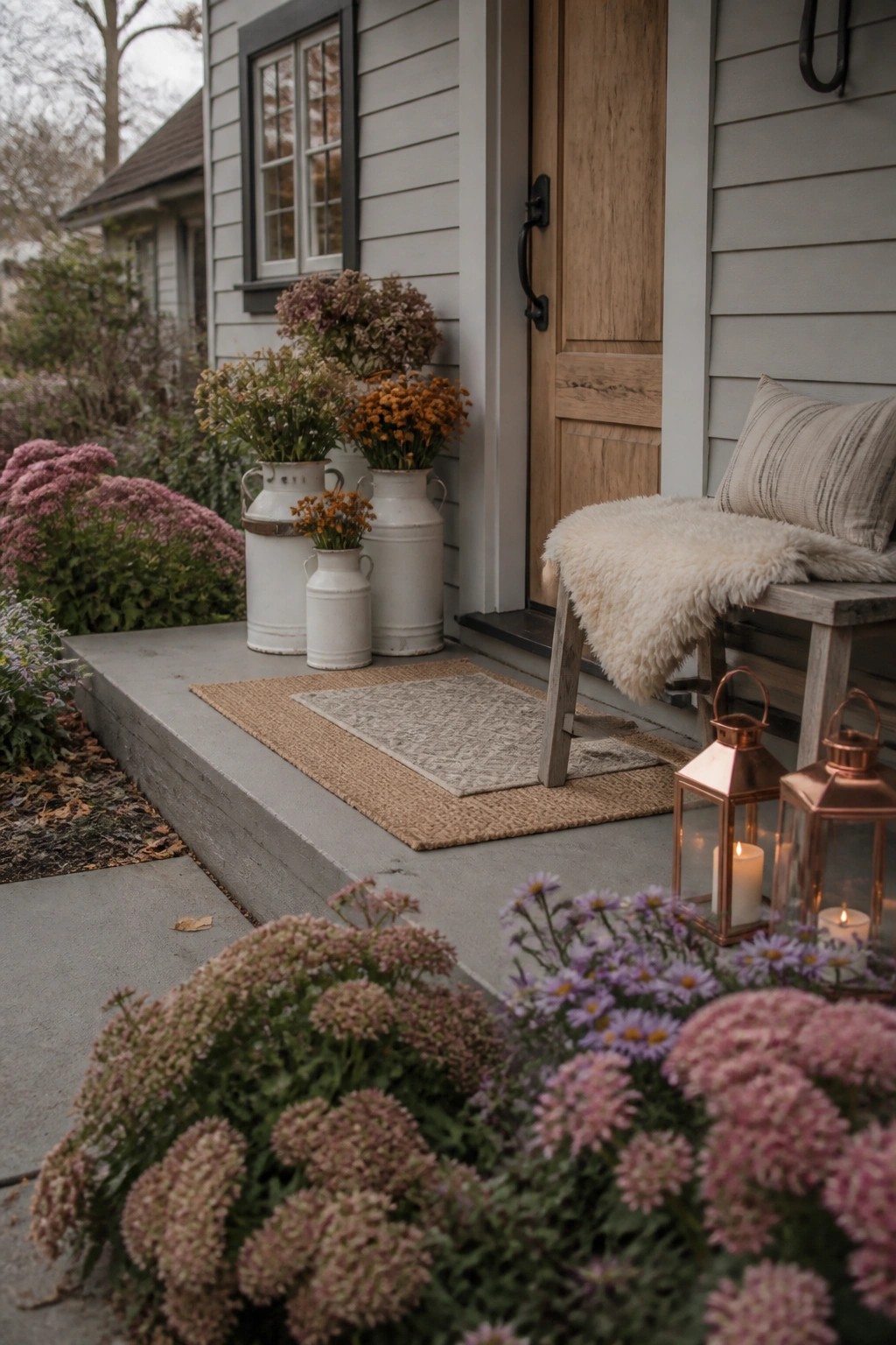 Front porch with white milk cans holding fall flowers, layered rugs, copper lanterns, and a wooden bench beside the entry door.