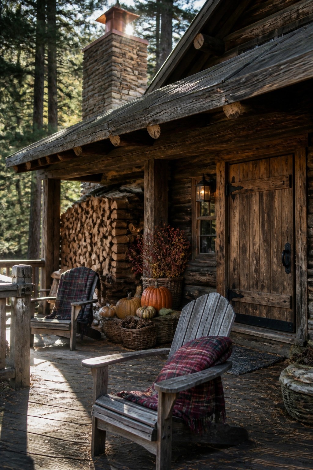 Rustic log cabin porch with plaid chairs, pumpkins, stone chimney, and autumn forest sunlight