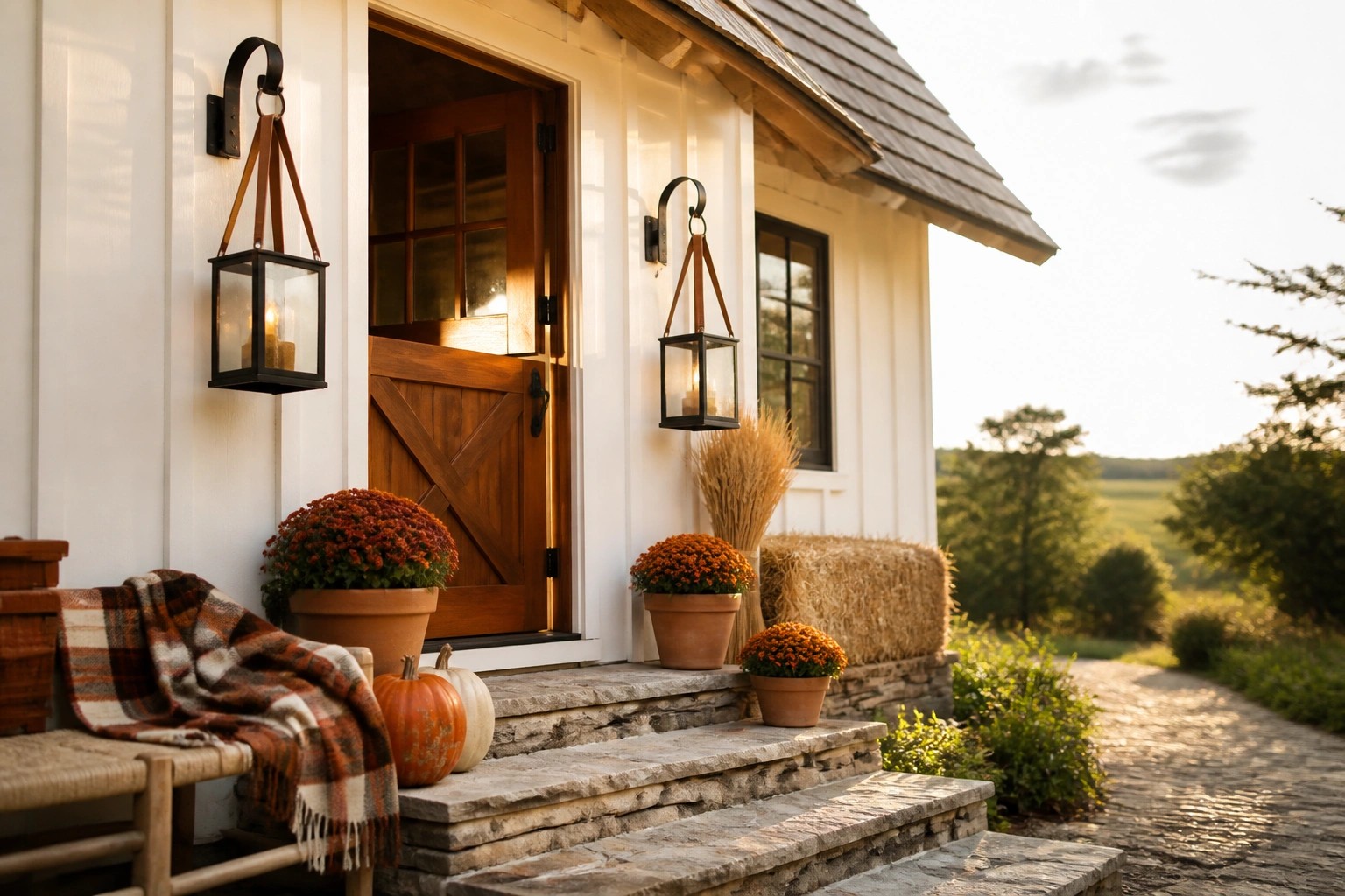 A white house porch with stone steps holding several pots of orange chrysanthemums, a wooden bench with a plaid blanket, small pumpkins, and a wooden front door.