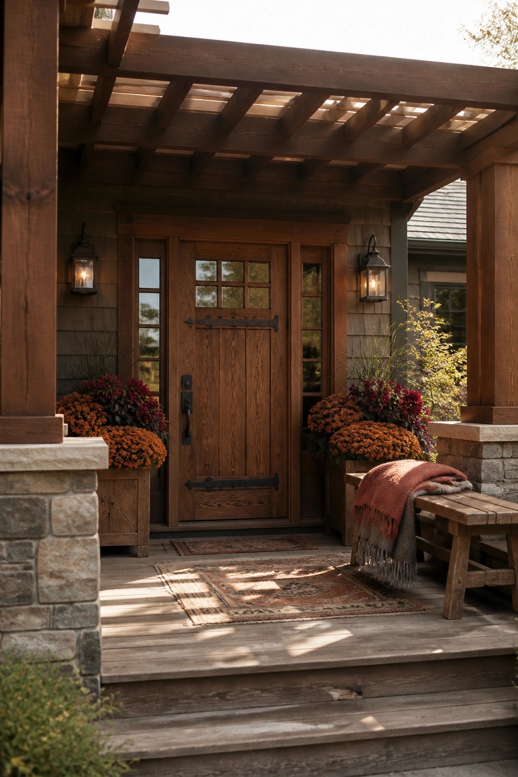 Wooden front door on a covered porch flanked by two matching wooden planters filled with orange and burgundy chrysanthemums, with a bench holding a folded blanket and layered rugs on the deck.