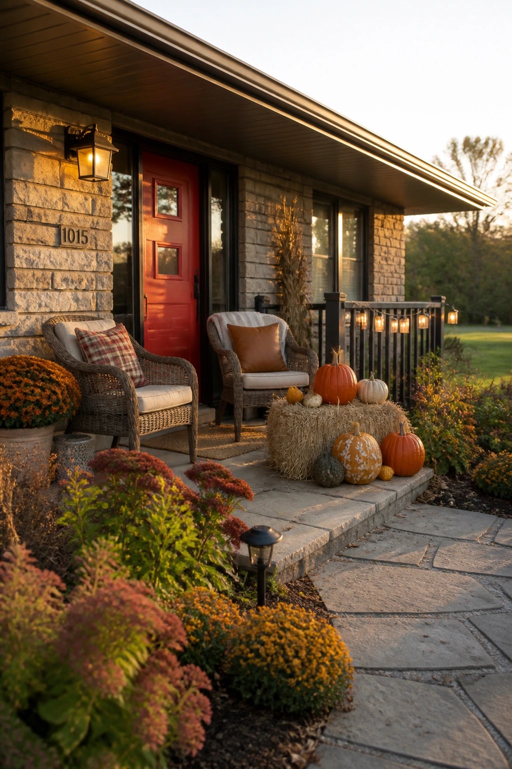 A stone house with a red door has hay bales, assorted pumpkins, and potted mums arranged on the front steps beside two wicker chairs.