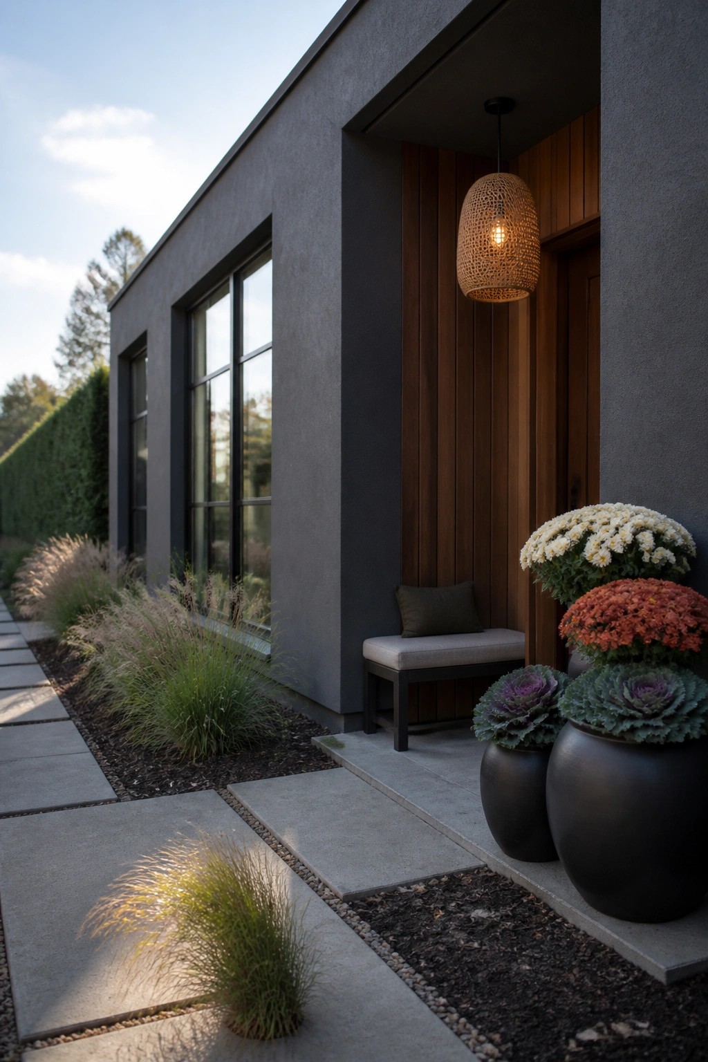 A modern dark house entrance features a woven pendant light above a bench, wood accent panels, and large black pots holding white and orange chrysanthemums along with ornamental kale.