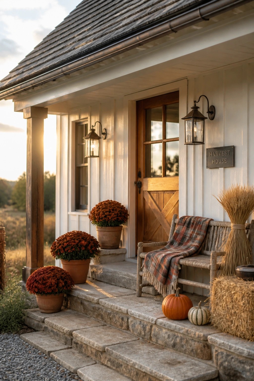 A white house porch with stone steps holding several pots of orange chrysanthemums, a wooden bench with a plaid blanket, small pumpkins, and a wooden front door.