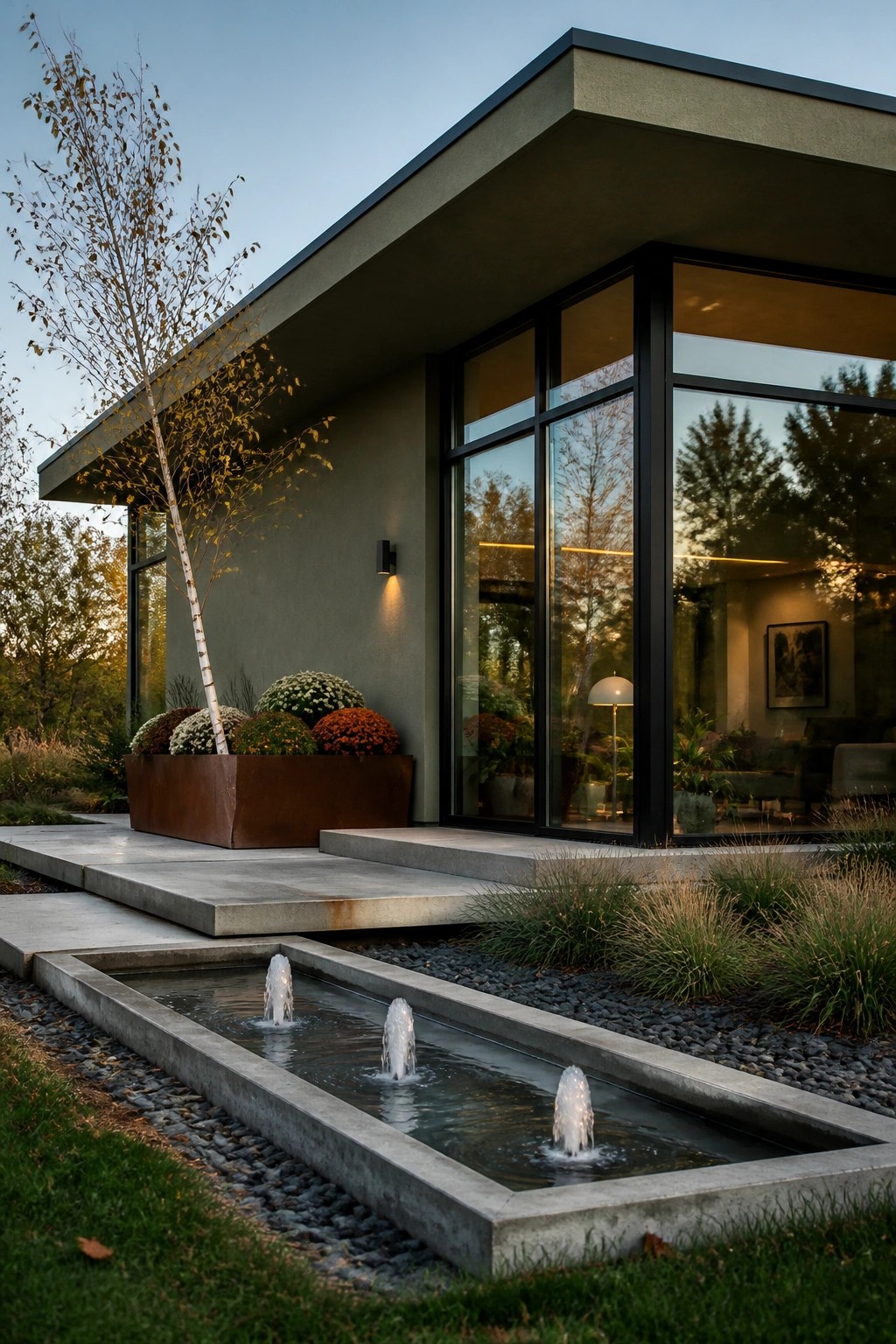 A modern house exterior featuring a long concrete water trough with multiple small fountains, surrounded by gravel and grasses, next to a raised planter with autumn flowers and a birch tree.