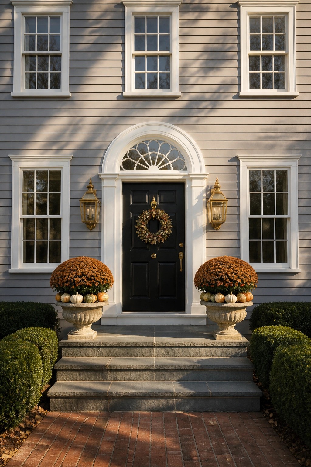 Gray house with black door and wreath, flanked by autumn planters and lanterns.