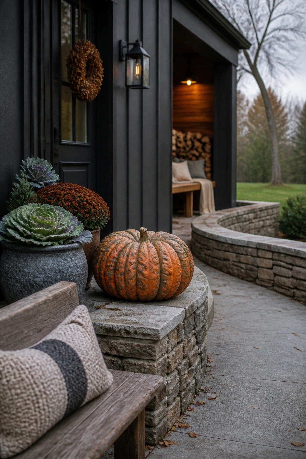 Orange pumpkin on stone ledge with potted kale and mums near dark entryway bench