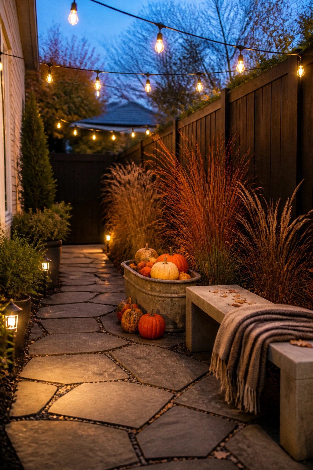 A stone pathway at dusk with a metal tub of pumpkins, tall ornamental grasses, string lights overhead, and a concrete bench with a blanket.