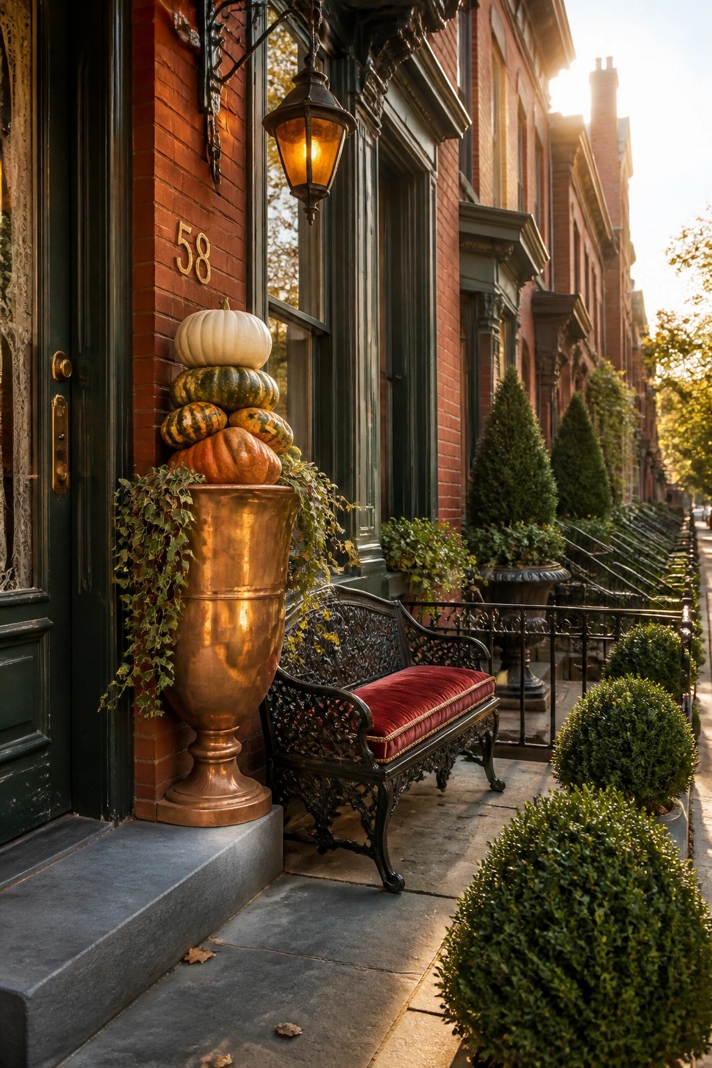 A large copper urn holding stacked pumpkins with trailing vines stands beside a black bench on the brick entry of a row house.