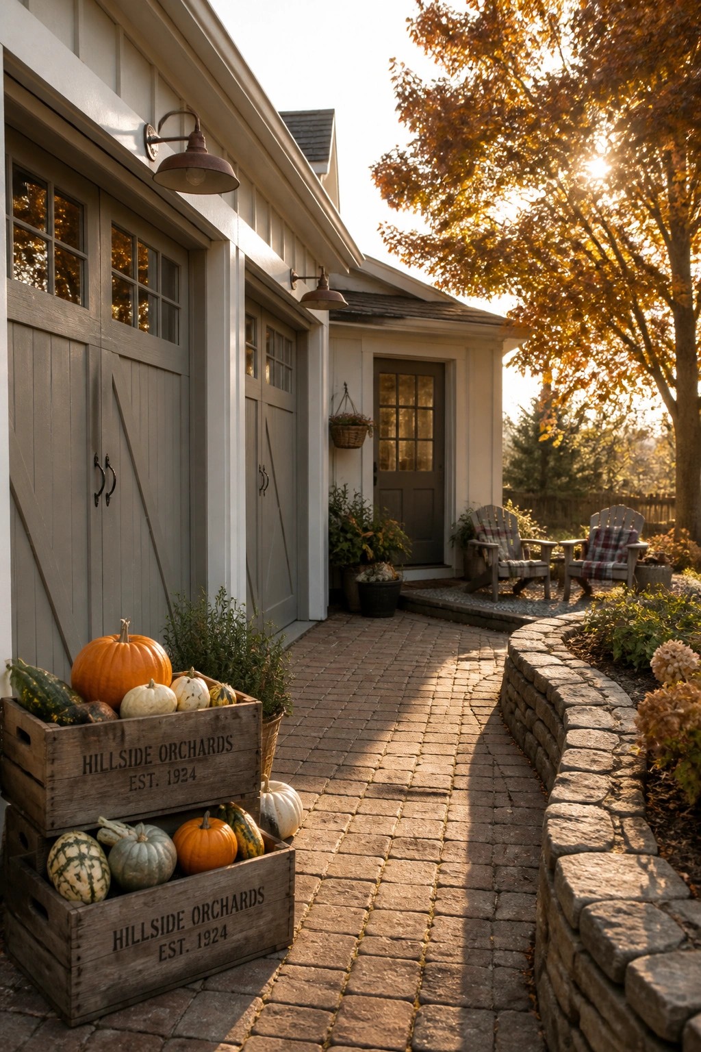 A house exterior with gray garage doors, a brick pathway, and two stacked wooden crates filled with pumpkins and gourds beside the entrance.