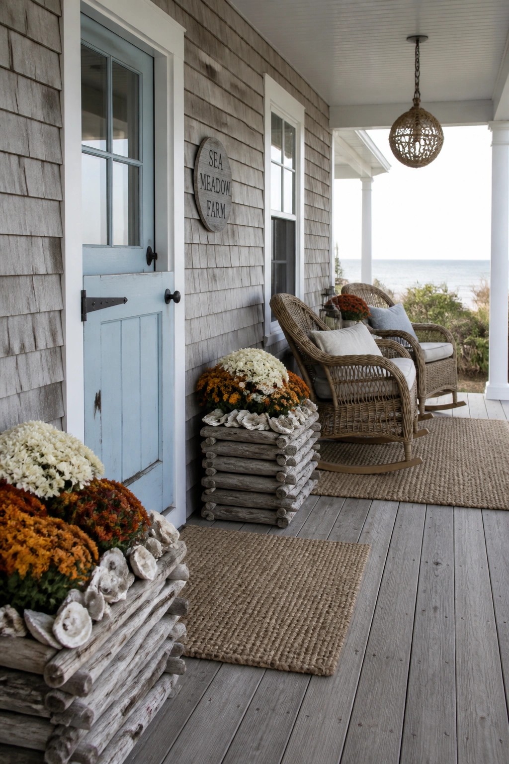 Coastal porch with wicker rockers, autumn flowers, blue door, and ocean view
