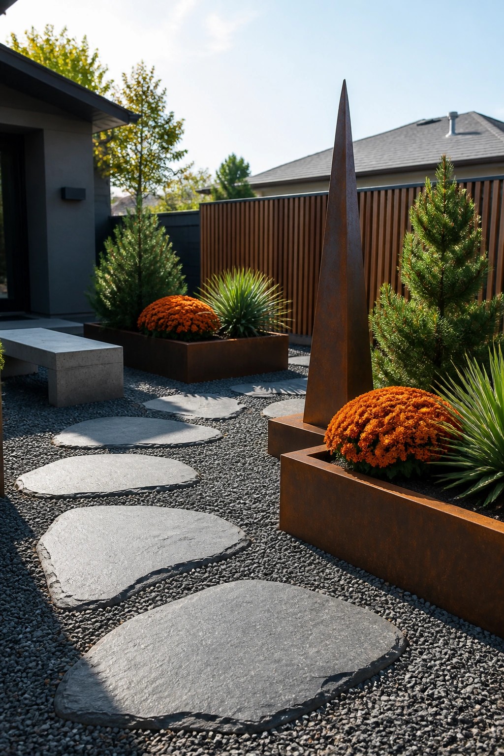 A gravel path lined with large irregular gray stepping stones runs between raised rusted metal planters filled with orange chrysanthemums and evergreen shrubs next to a modern house.