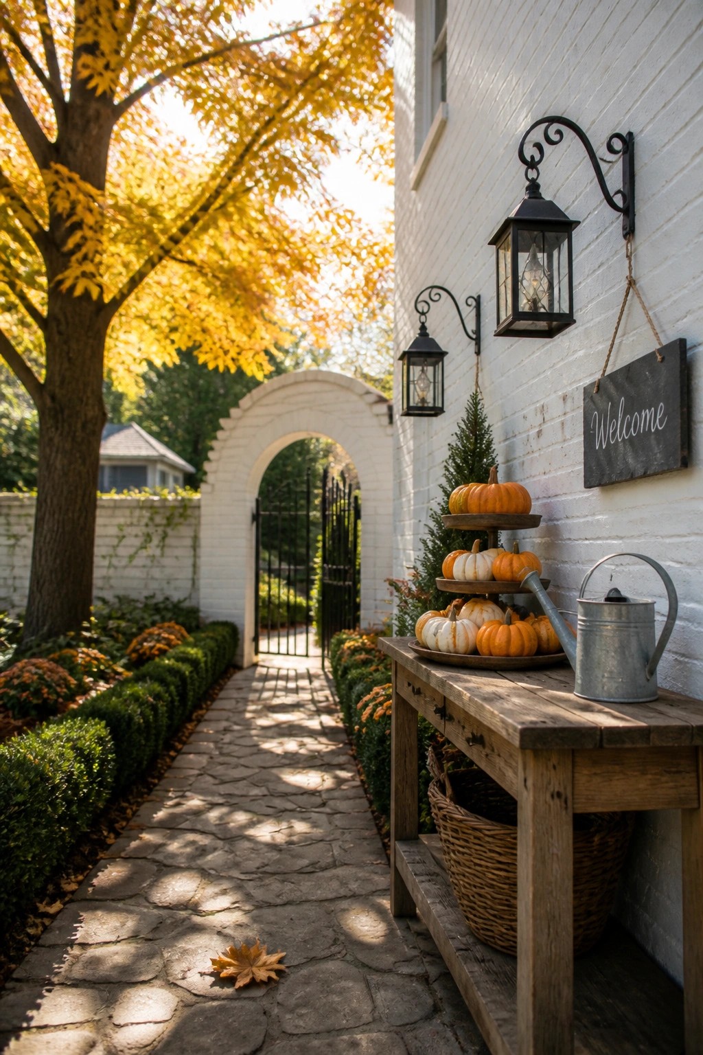 A wooden console table with pumpkins, a metal watering can, and baskets stands against a white brick house exterior beside black wall lanterns and a welcome sign, with a stone path and autumn trees visible.