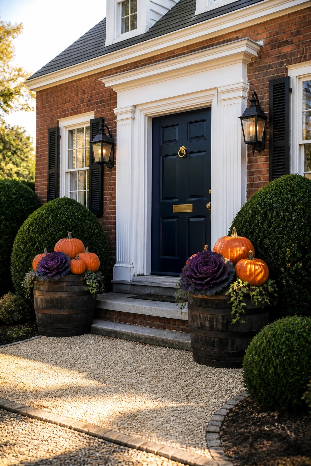 A brick house with a navy blue door and white trim, flanked by two wooden barrels filled with orange pumpkins and purple ornamental cabbage.