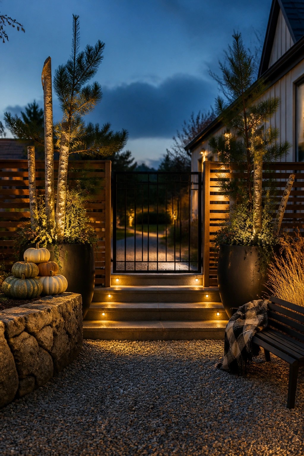 A dusk view of a home entrance with stone steps lit by small ground lights, a black metal gate, large black planters holding small evergreen trees, a stack of pumpkins on a stone ledge to the left, and a wooden bench with a plaid blanket to the right.