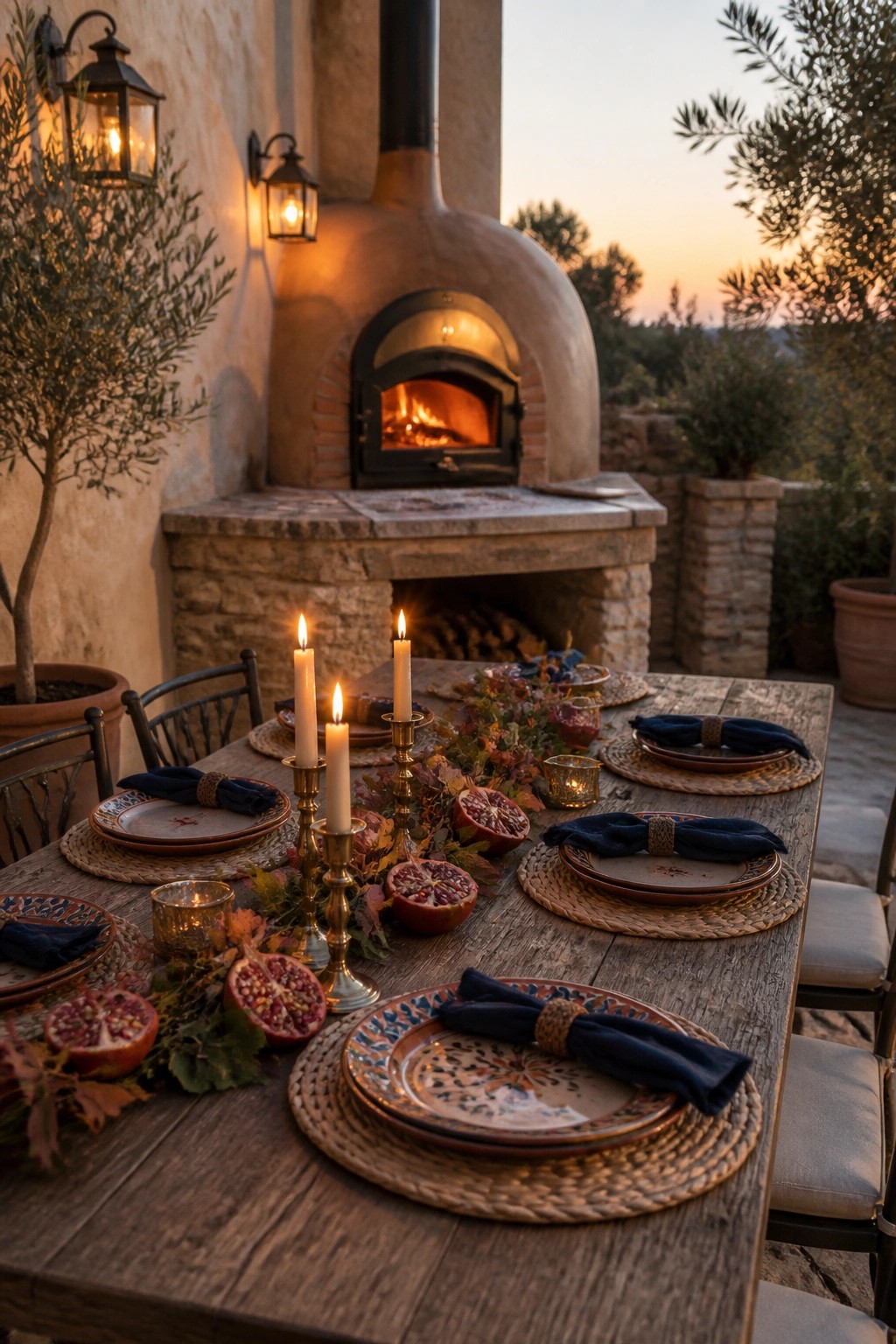 A rustic wooden outdoor dining table set with plates, blue napkins, candles, and pomegranates in front of a lit pizza oven on a stone patio at dusk.