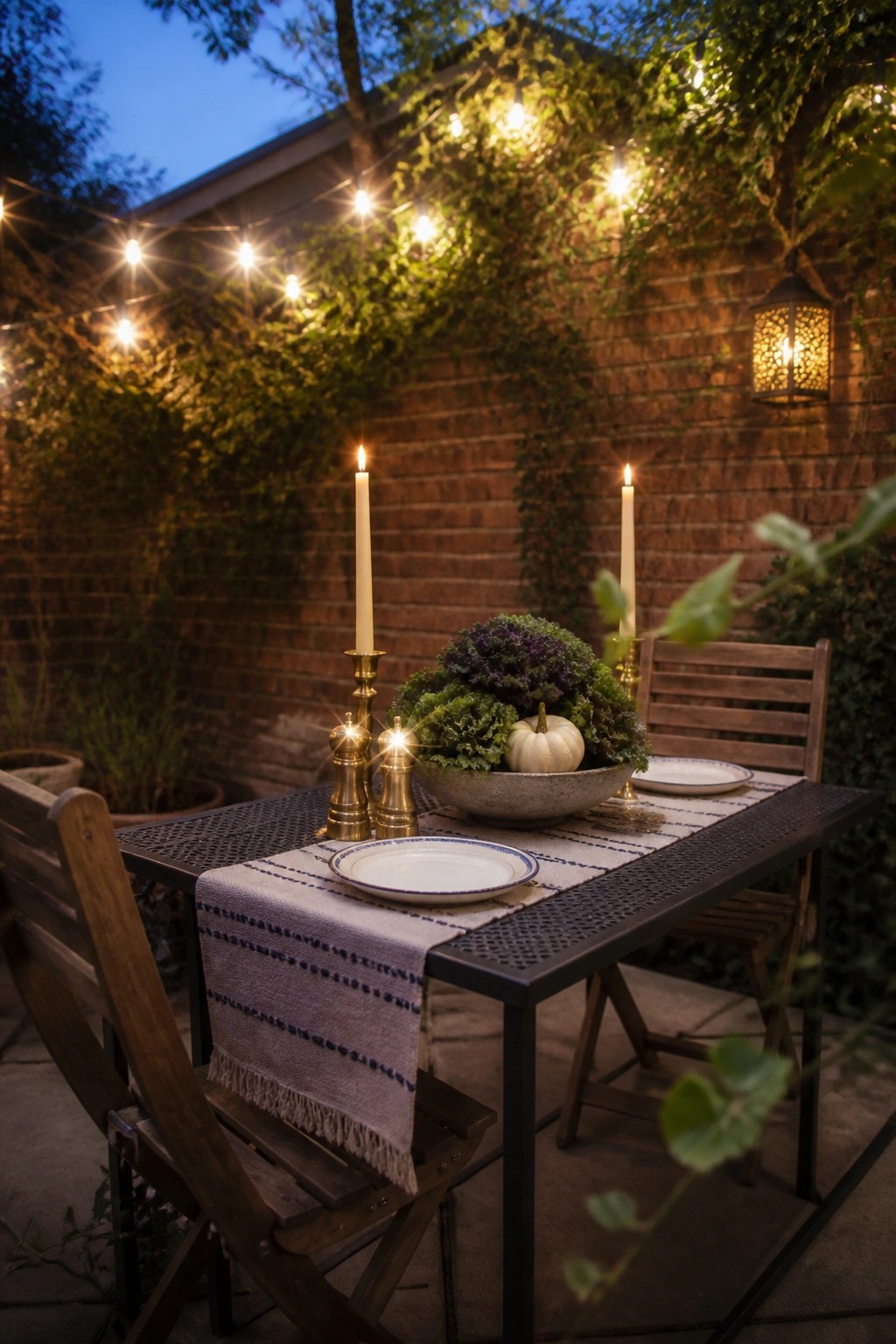 An outdoor dining table set with a striped runner, plates, brass candlesticks, and a bowl of kale and a small white pumpkin, with string lights overhead against a brick wall at dusk.