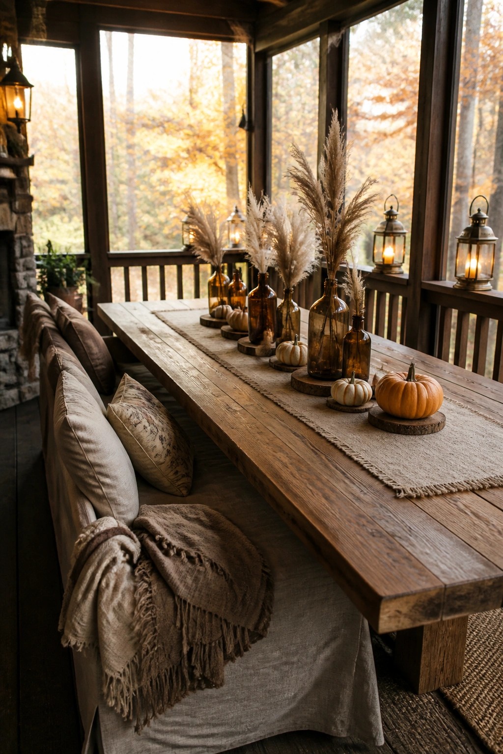 A long wooden dining table on a covered porch features a burlap runner, small pumpkins, dried grasses in brown glass bottles, and lanterns, with cushioned bench seating and large windows showing autumn trees.