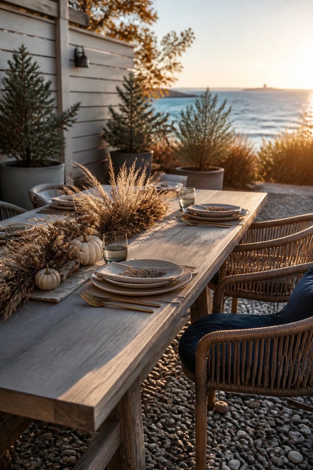 An outdoor wooden dining table on a pebble surface is set with neutral plates, gold cutlery, glasses, and a long arrangement of dried grasses and small white pumpkins, with wicker chairs and the ocean in the background.