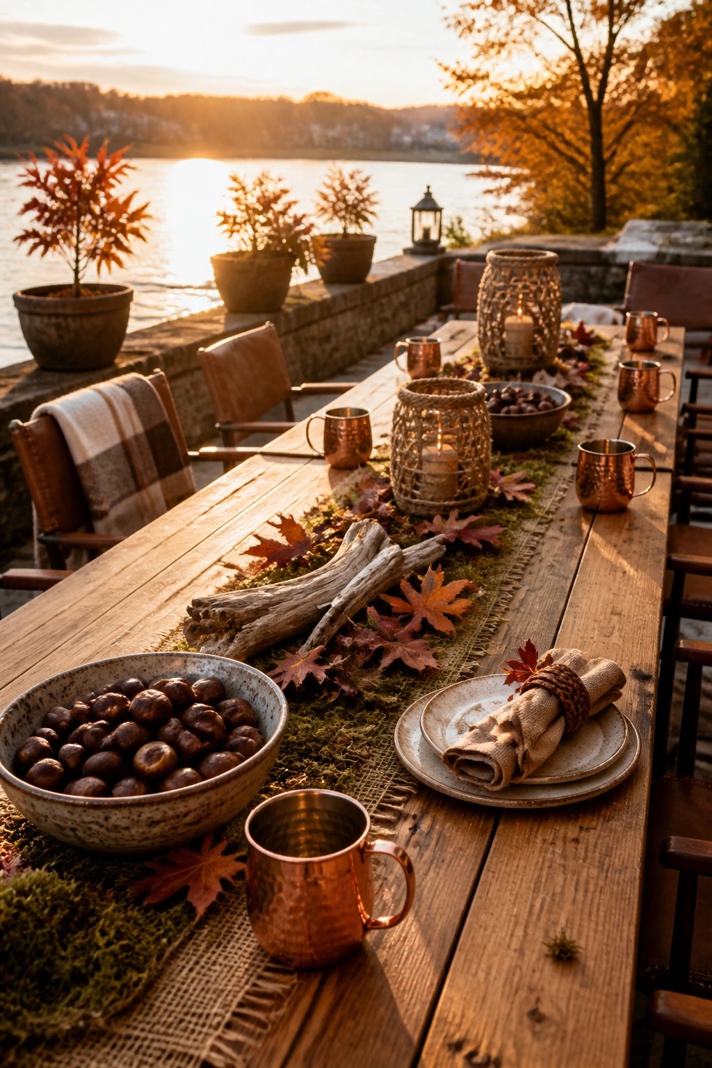 A long wooden outdoor table set for dining with a central runner of moss, autumn leaves, and driftwood, surrounded by copper mugs, bowls of chestnuts, and woven lanterns.