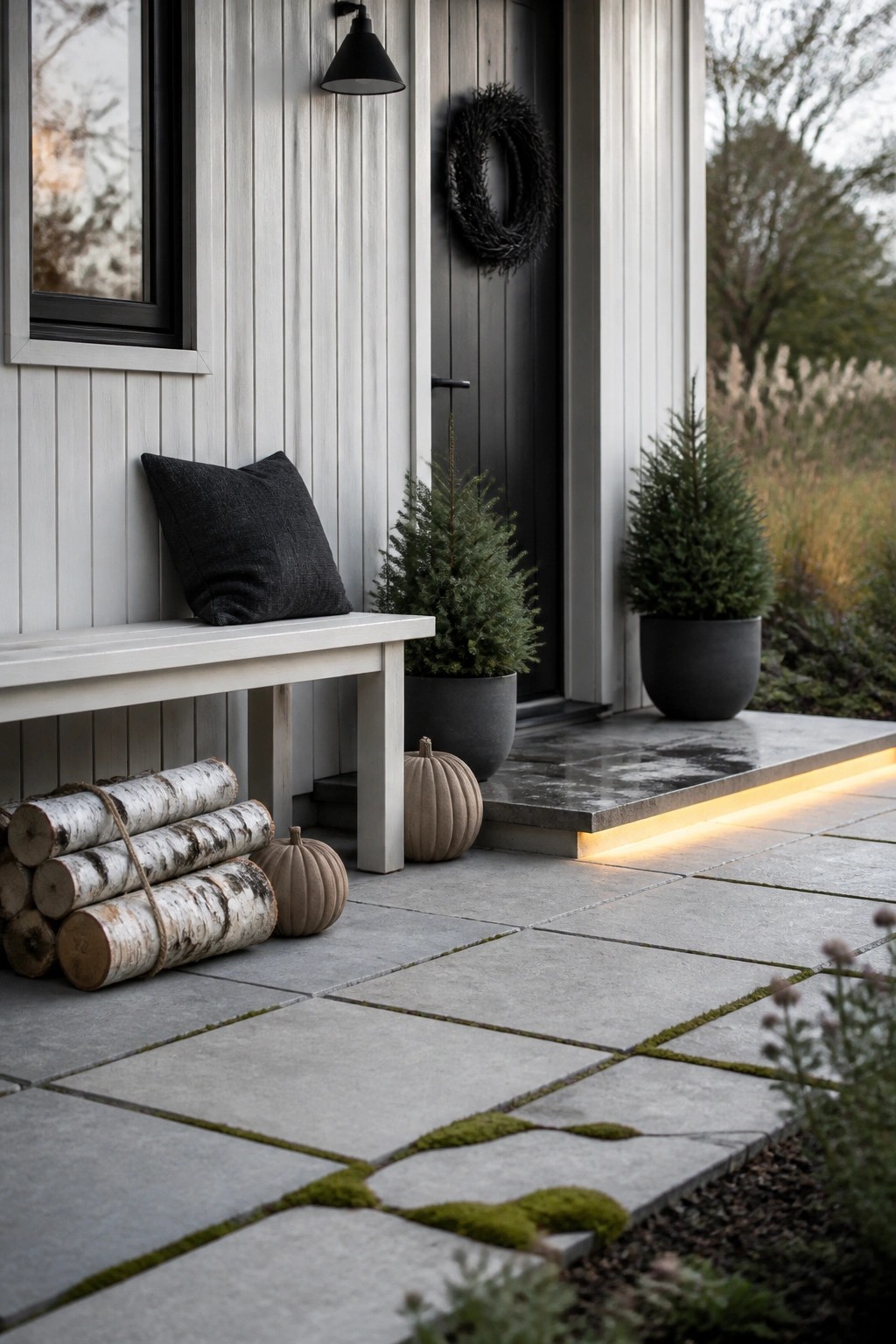 A house entrance features a black door with a dark wreath, a white bench holding a dark pillow, stacked birch logs, two small pumpkins, and potted evergreen shrubs on a stone patio.