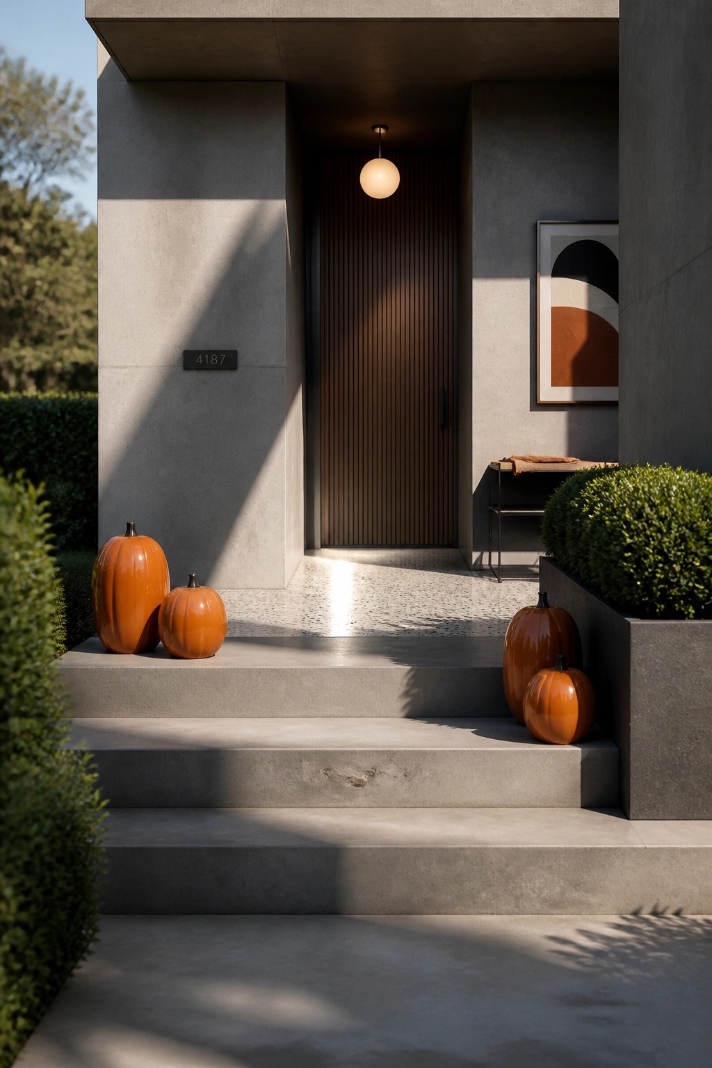 Modern concrete entryway with orange pumpkins on steps, wooden door, and pendant light.