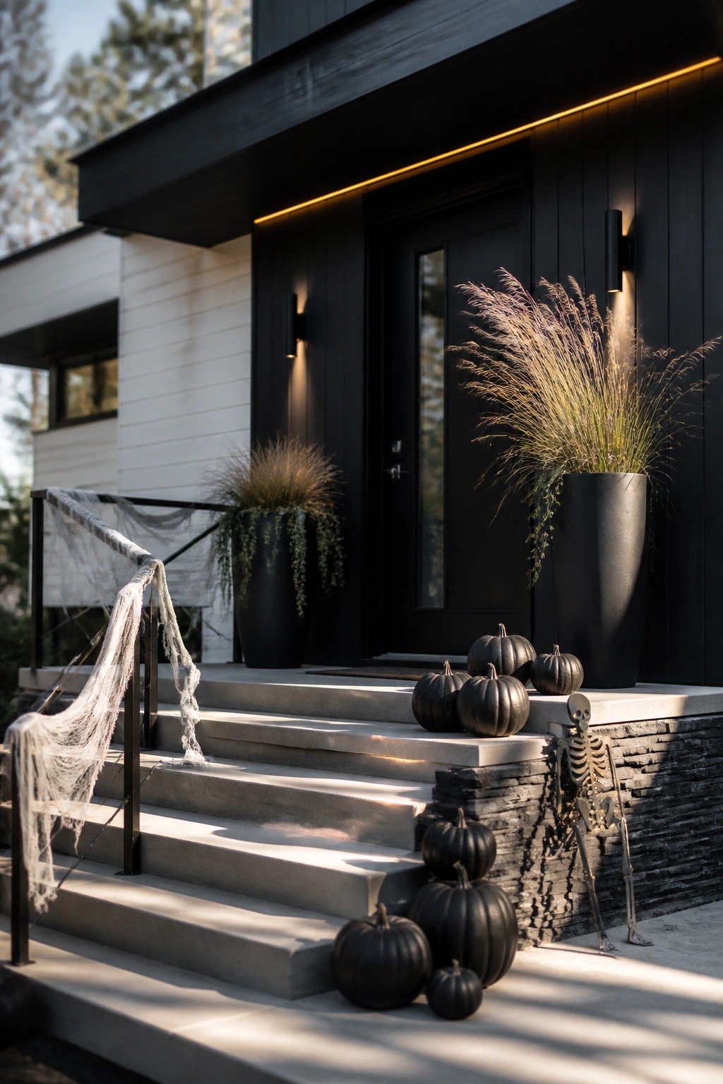 Modern black house with concrete steps lined with black pumpkins, a skeleton decoration on the stone wall, and tall potted grasses flanking the front door.
